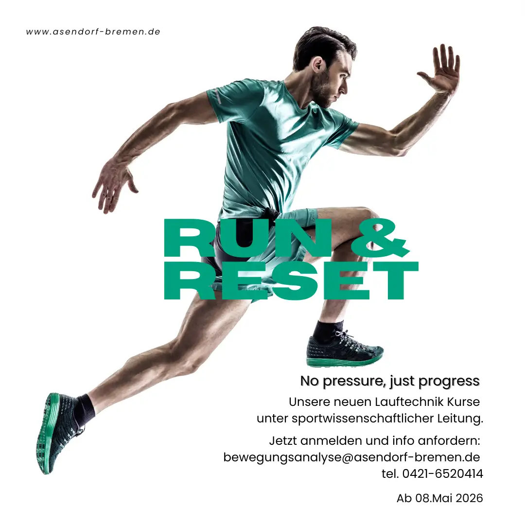Athletischer Mann in grüner Sportkleidung, der im Schritt läuft, auf weißem Hintergrund mit Text, der für Laufkurse wirbt, die am 8. Mai 2026 beginnen und von Asendorf Bremen angeboten werden.